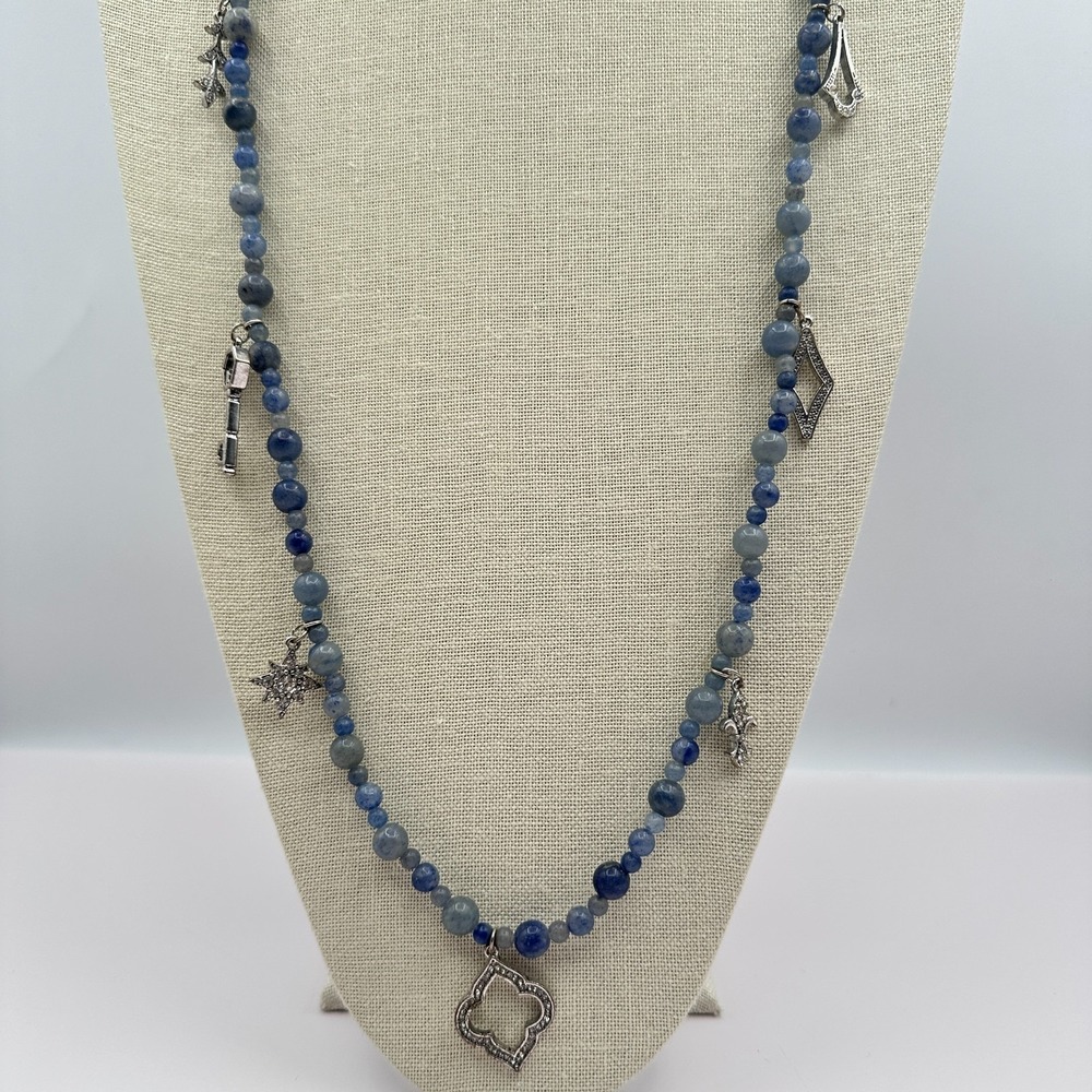 Vintage 90s Blue Stone Beaded Multi Charm Necklace Boho Y2K Jewelry
